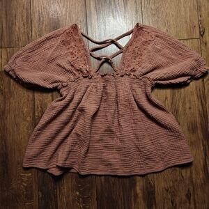Boho Gauzy Balloon Sleeve Babydoll Top Mauve Pink Embroidered Cottagecore Cotton